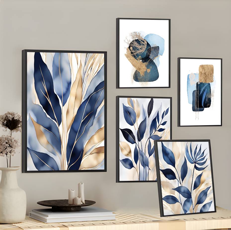 Interior Design Landscape - Luxury Blue Leaves Design Poster Sticky