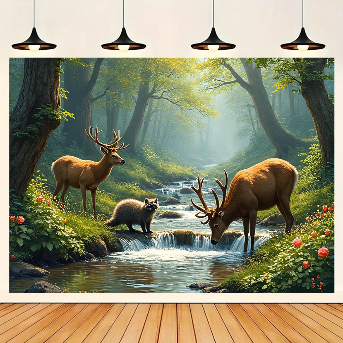 Interior Design Landscape - Deer Forest Stream Wall Mural 2D
