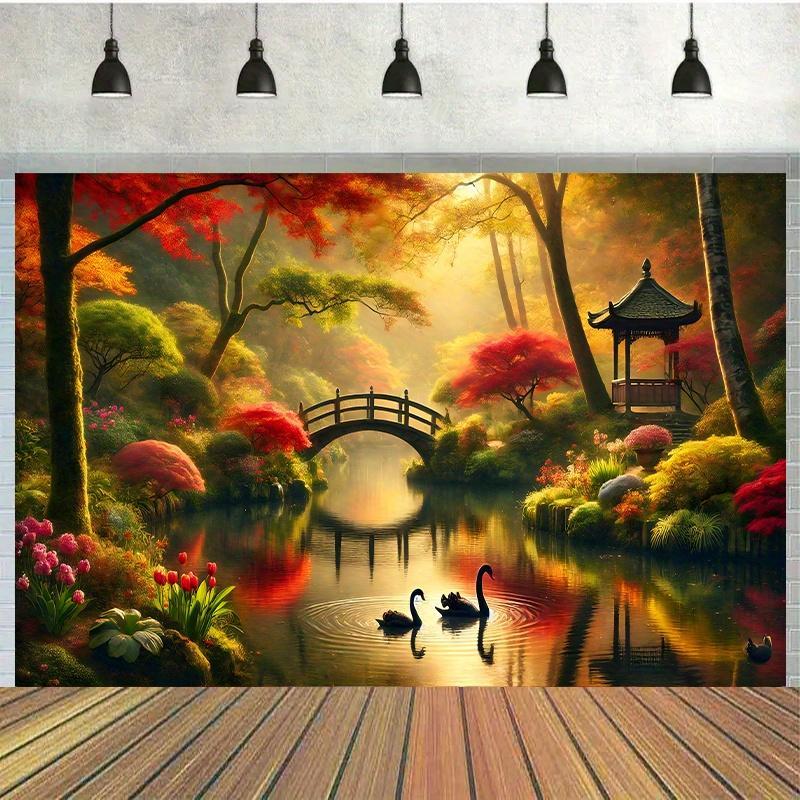 Interior Design Landscape - Autumn Garden Bridge Swans Wall Tapestry