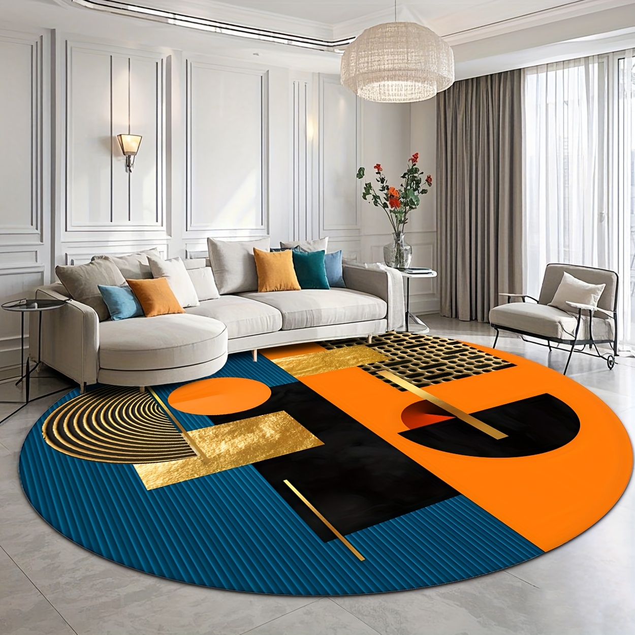 Orange Blue Gold Abstract Geom - Printed Rug Abstract recension och pris