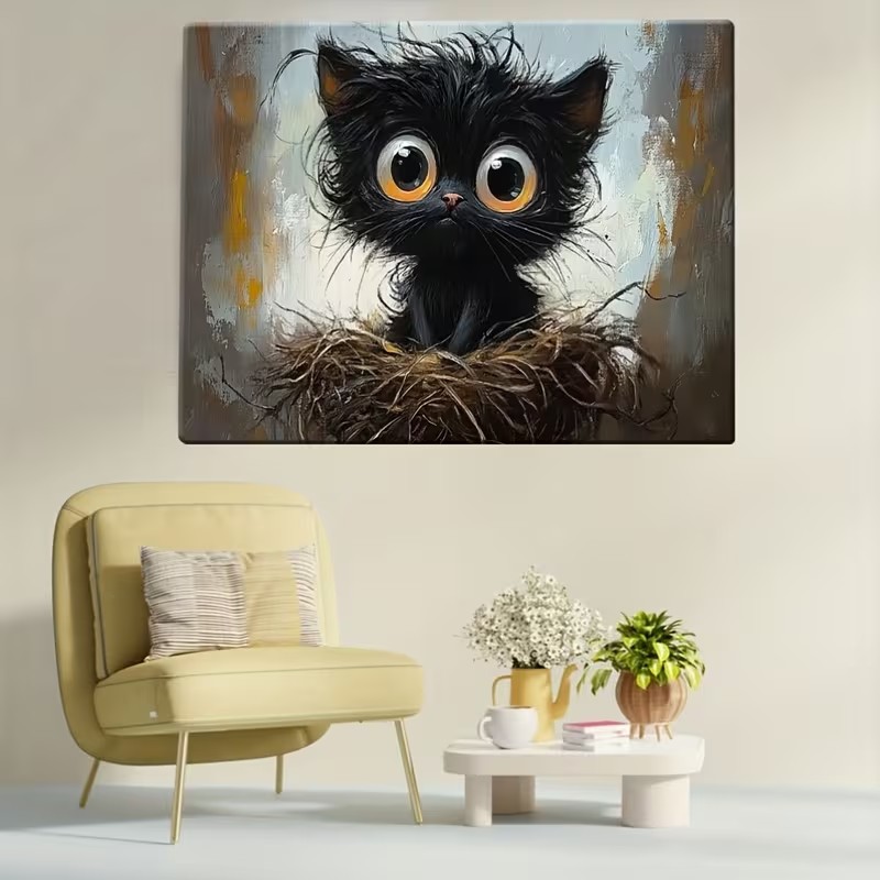 Big-eyed Black Cat Sitting in  - Interior Design Living Room recension och pris
