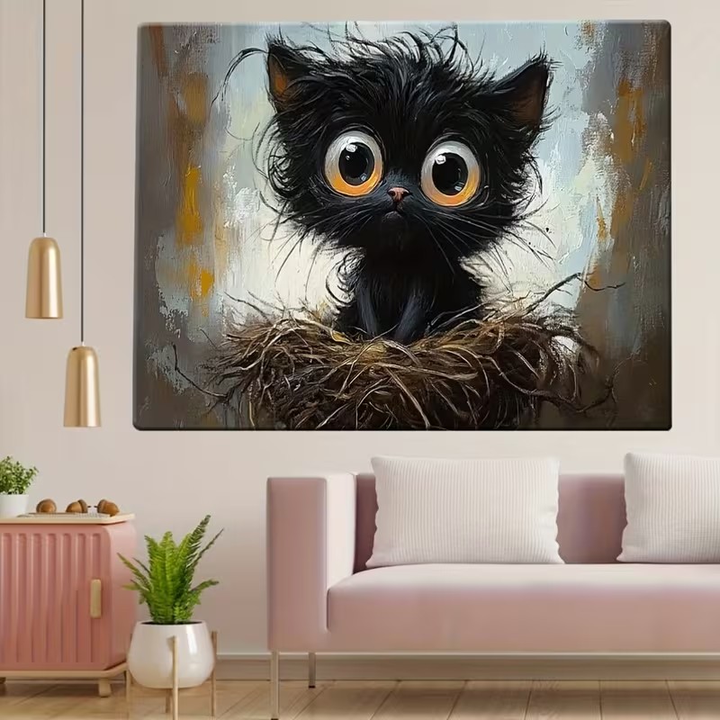 Big-eyed Black Cat Sitting in  - Interior Design Living Room recension och pris